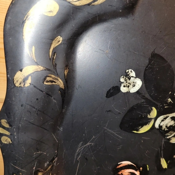 Vintage 1950 Metal Serving Tray Toleware Hand Painted Pink Roses Shabby Chic - Picture 6 of 12